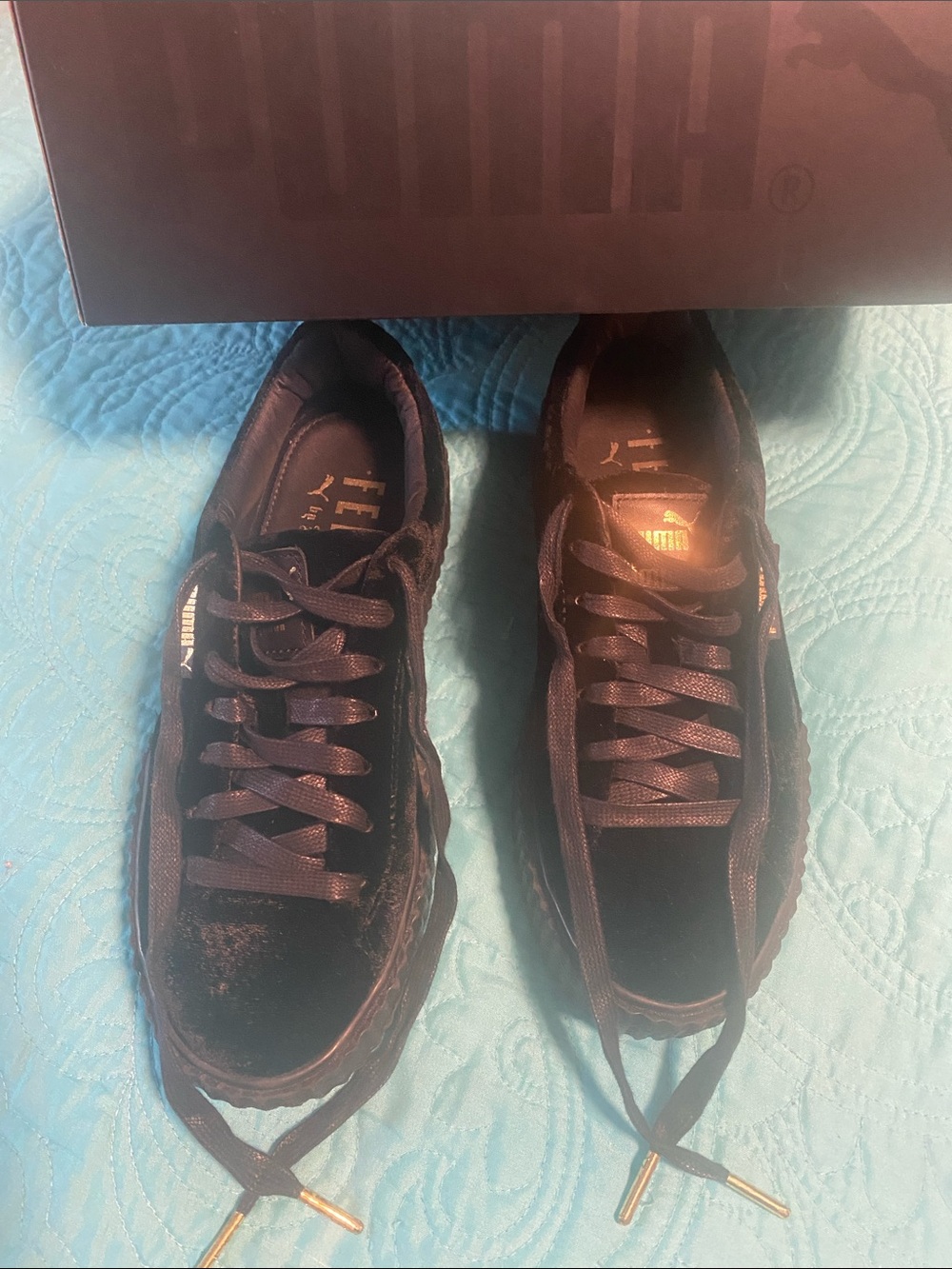 Puma Women’s Black Velvet Low-Top Sneakers with Gold Logo - Picture 2 of 5